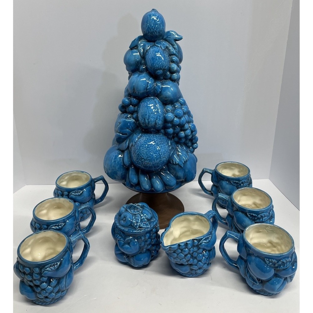 VTG Blue Mood Indigo Japan Inspired 10 Pc Coffee Set & Fruit Topiary Hobby Art